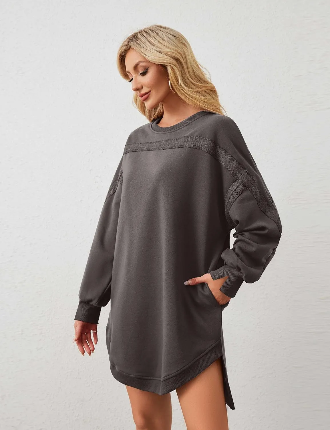 MISSACTIVER Women Sweatshirt Dress Crew Neck Long Sleeve Mini Dresses Oversized Drop Shoulder Side Split Pullover Tops