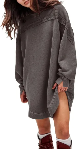 MISSACTIVER Women Sweatshirt Dress Crew Neck Long Sleeve Mini Dresses Oversized Drop Shoulder Side Split Pullover Tops