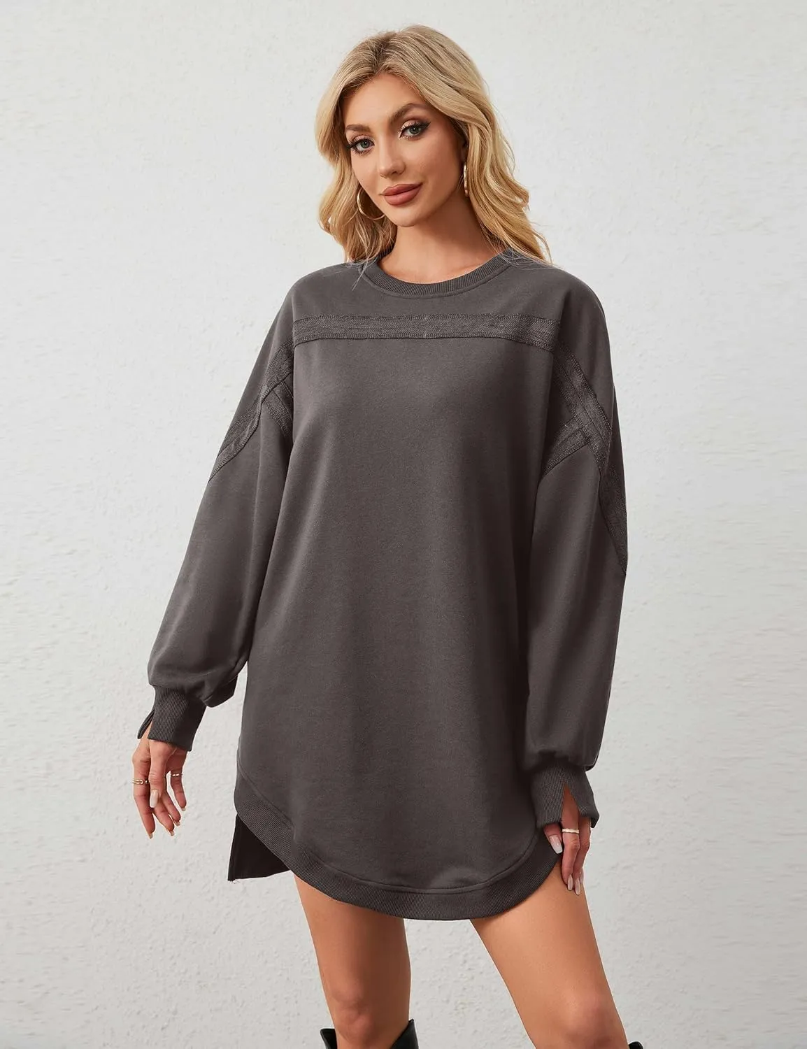 MISSACTIVER Women Sweatshirt Dress Crew Neck Long Sleeve Mini Dresses Oversized Drop Shoulder Side Split Pullover Tops