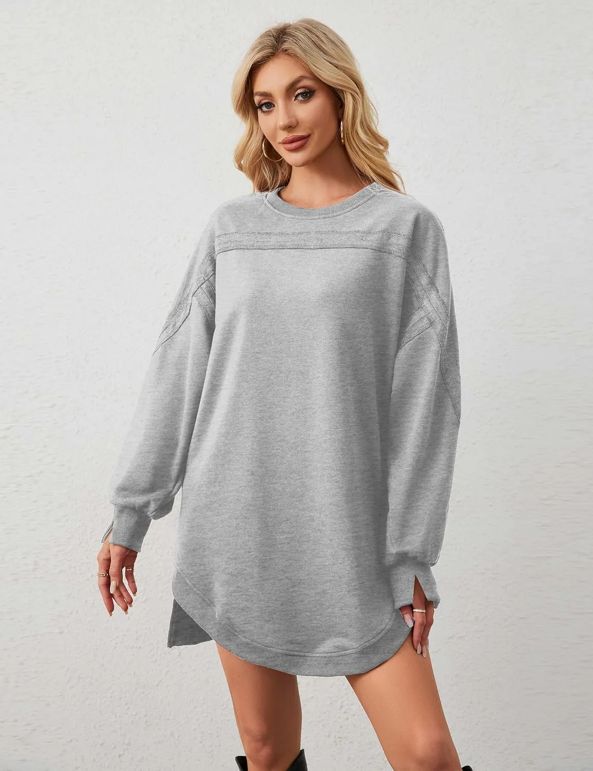 MISSACTIVER Women Sweatshirt Dress Crew Neck Long Sleeve Mini Dresses Oversized Drop Shoulder Side Split Pullover Tops