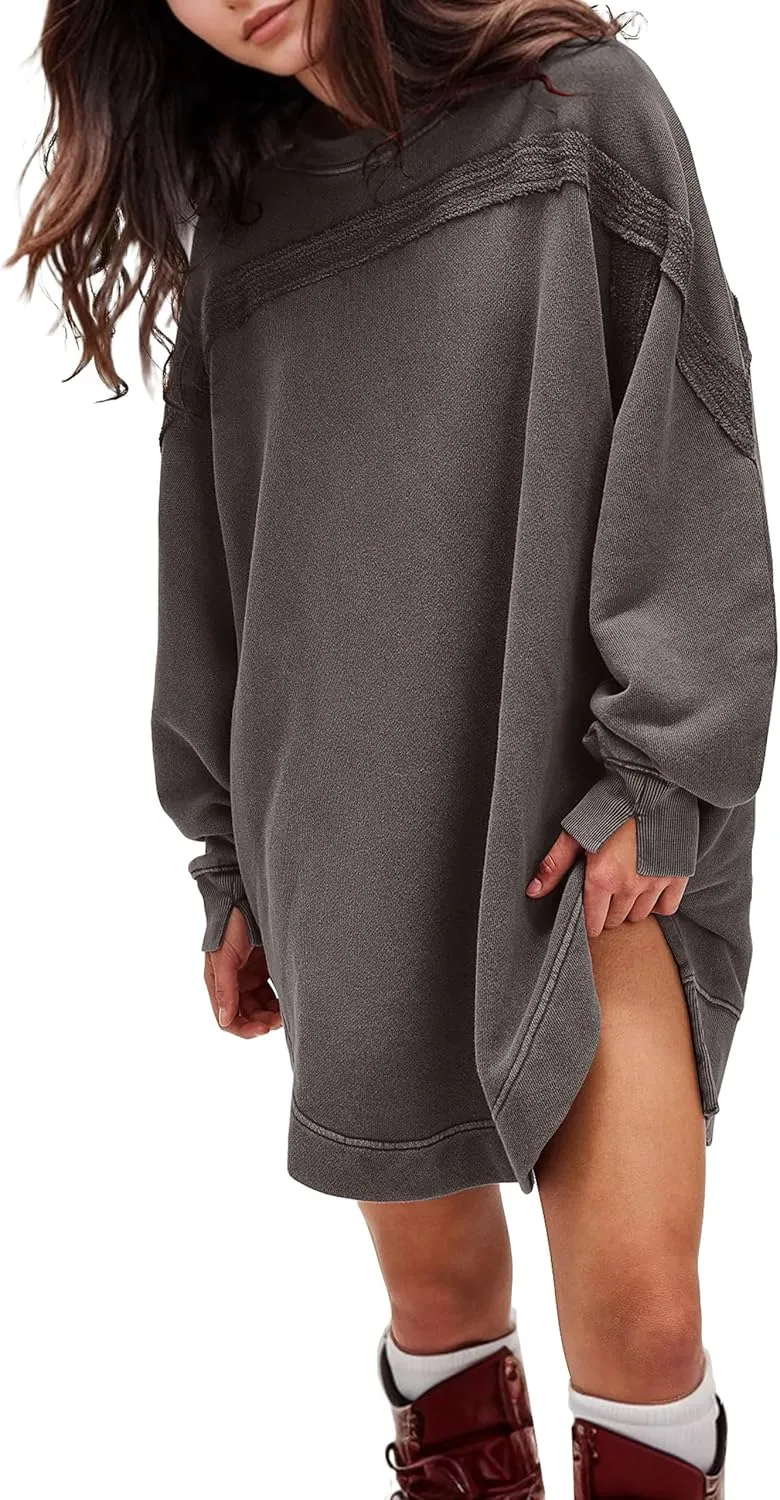 MISSACTIVER Women Sweatshirt Dress Crew Neck Long Sleeve Mini Dresses Oversized Drop Shoulder Side Split Pullover Tops