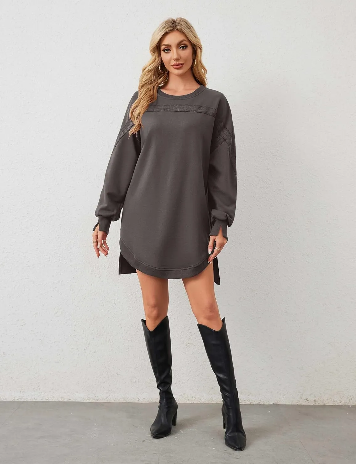 MISSACTIVER Women Sweatshirt Dress Crew Neck Long Sleeve Mini Dresses Oversized Drop Shoulder Side Split Pullover Tops