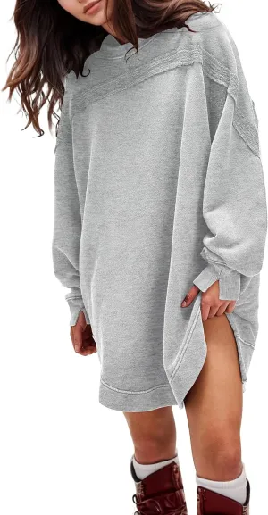 MISSACTIVER Women Sweatshirt Dress Crew Neck Long Sleeve Mini Dresses Oversized Drop Shoulder Side Split Pullover Tops
