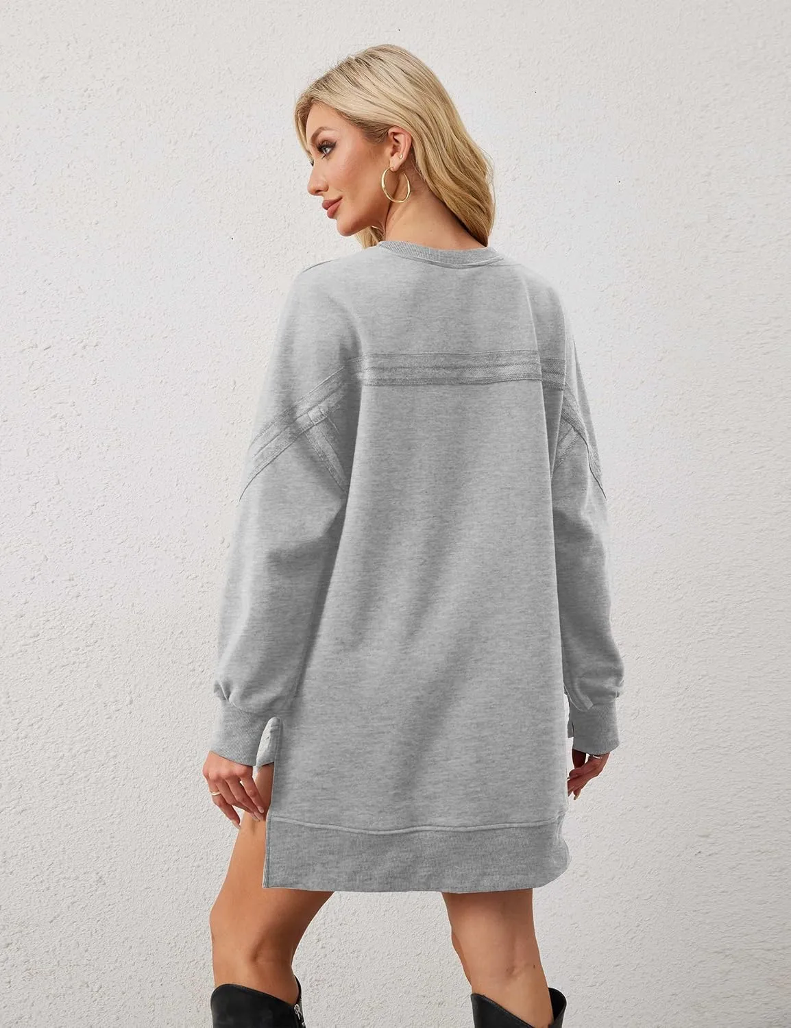 MISSACTIVER Women Sweatshirt Dress Crew Neck Long Sleeve Mini Dresses Oversized Drop Shoulder Side Split Pullover Tops