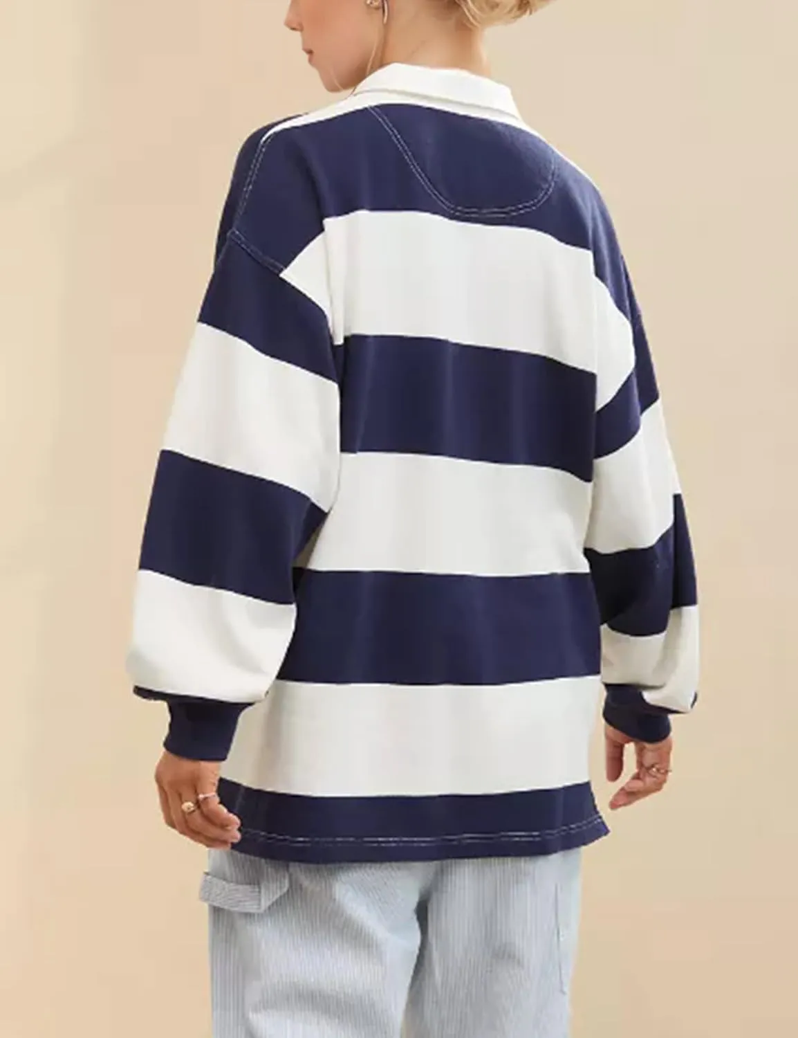 MISSACTIVER Women's Striped Oversized Polo Shirt Button Lapel Collared Polo Sweatshirt Long Sleeve Drop Shoulder Pullover Top