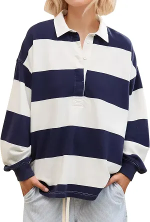 MISSACTIVER Women's Striped Oversized Polo Shirt Button Lapel Collared Polo Sweatshirt Long Sleeve Drop Shoulder Pullover Top