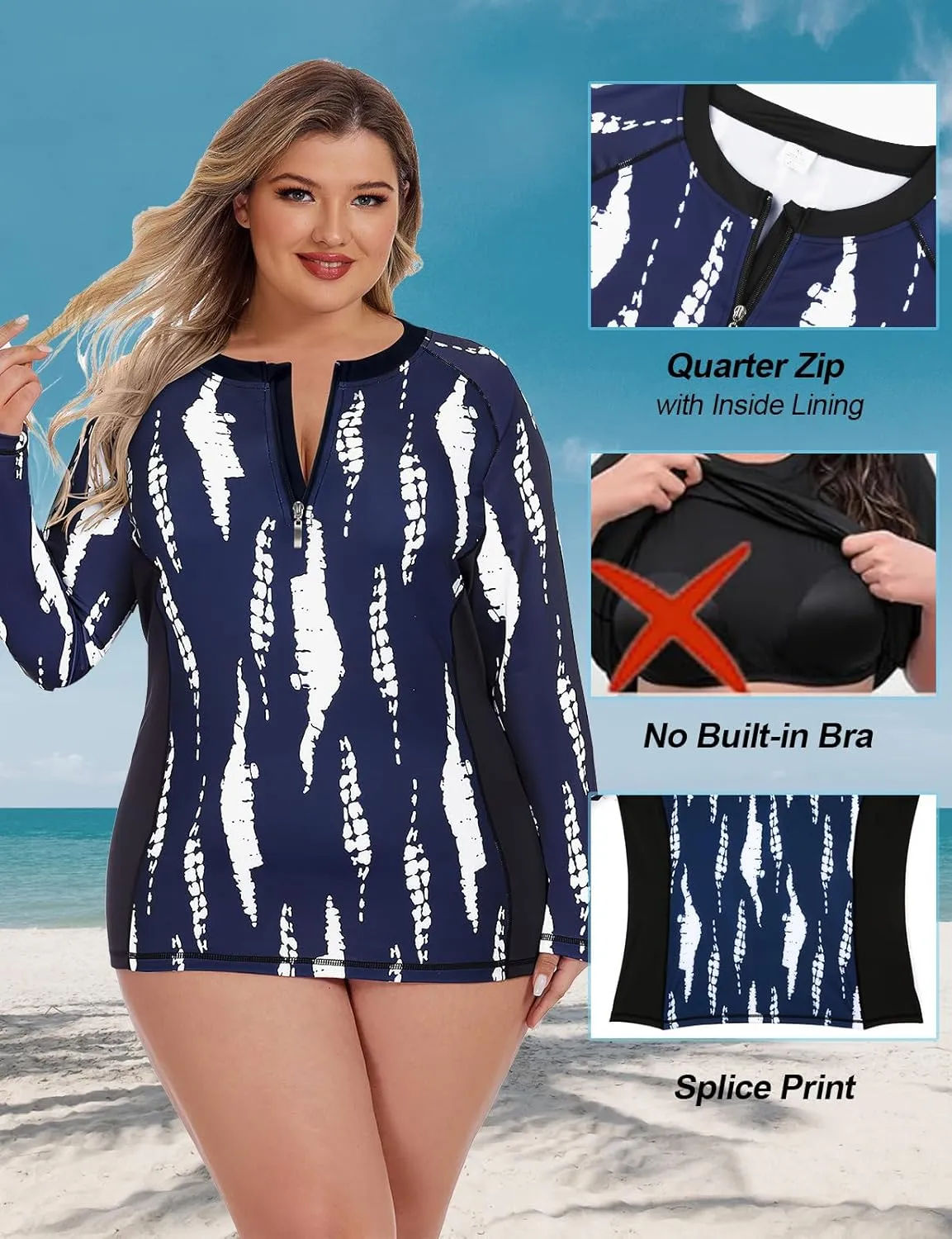 Misyula Style Womens Plus Size Rash Guard Long Sleeve Swim Shirts UPF50  Quarter Zip Swimsuit Tops 1XL-5XL