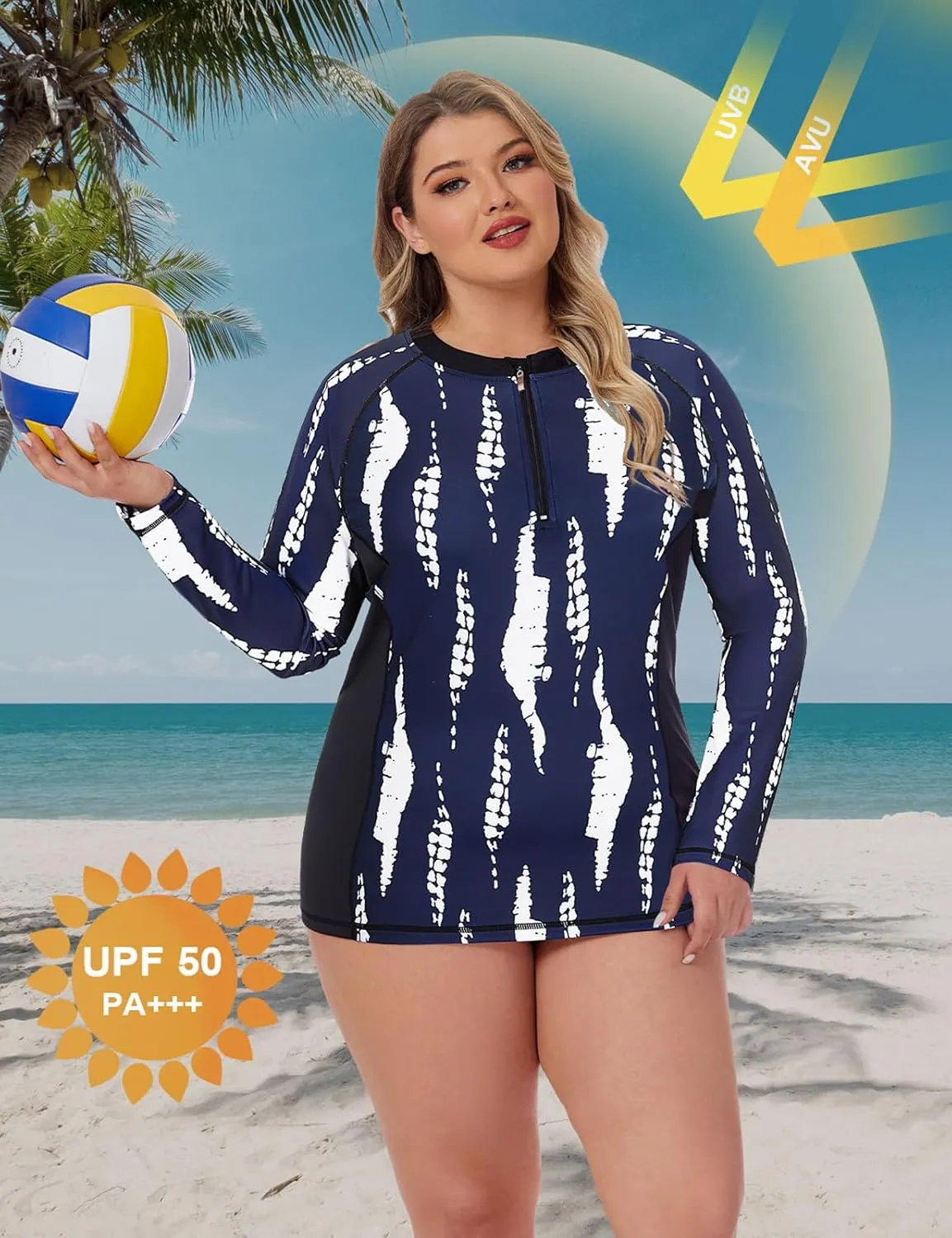 Misyula Style Womens Plus Size Rash Guard Long Sleeve Swim Shirts UPF50  Quarter Zip Swimsuit Tops 1XL-5XL
