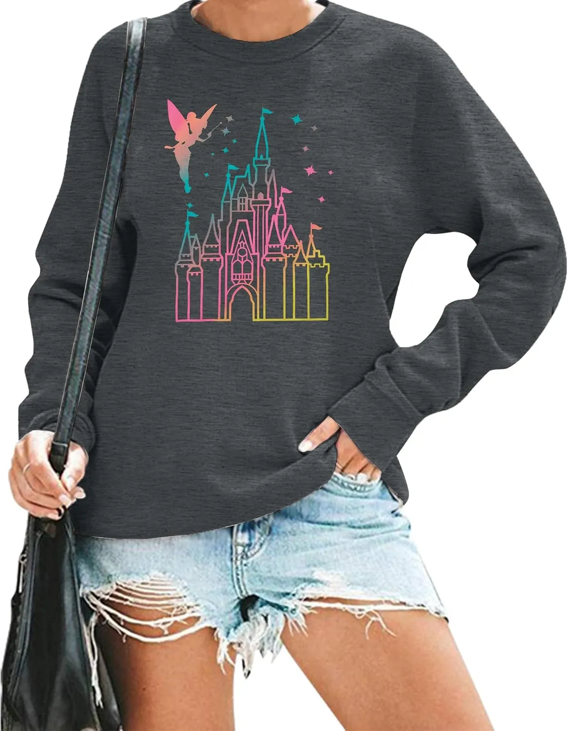 MNLYBABY Magic Kingdom Sweatshirt Women Magical Castle Shirt Cute Fairy Pullover Family Vacation Shirts Long Sleeve Tops