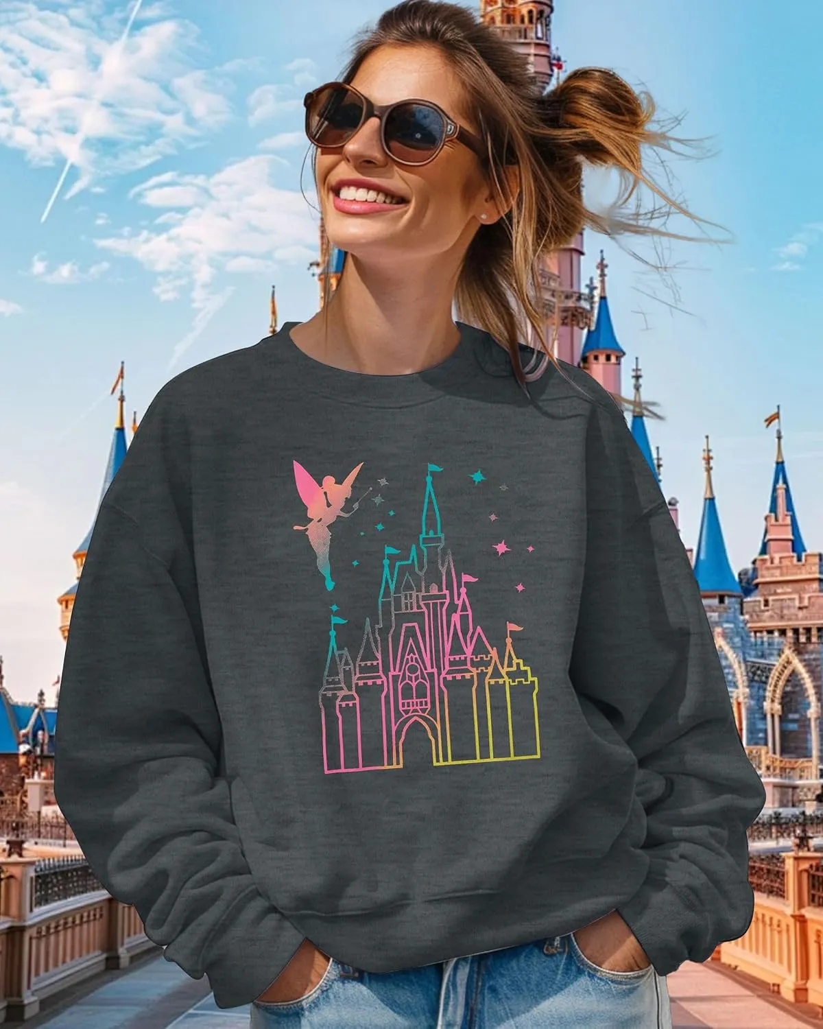 MNLYBABY Magic Kingdom Sweatshirt Women Magical Castle Shirt Cute Fairy Pullover Family Vacation Shirts Long Sleeve Tops