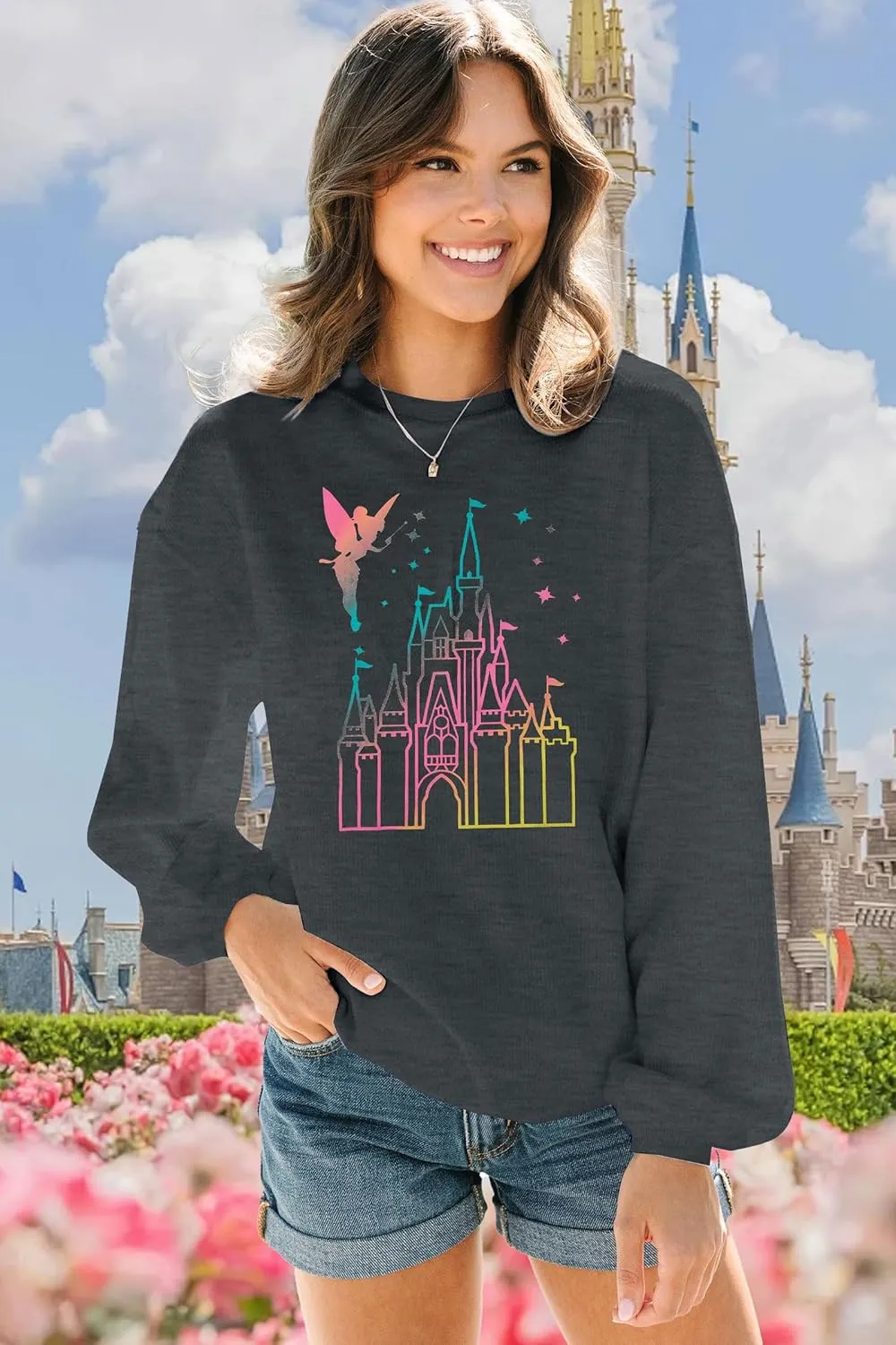 MNLYBABY Magic Kingdom Sweatshirt Women Magical Castle Shirt Cute Fairy Pullover Family Vacation Shirts Long Sleeve Tops