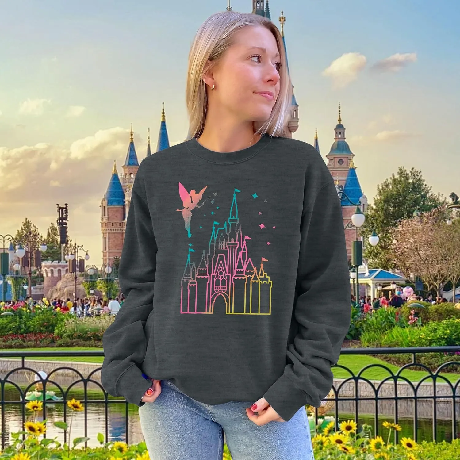 MNLYBABY Magic Kingdom Sweatshirt Women Magical Castle Shirt Cute Fairy Pullover Family Vacation Shirts Long Sleeve Tops