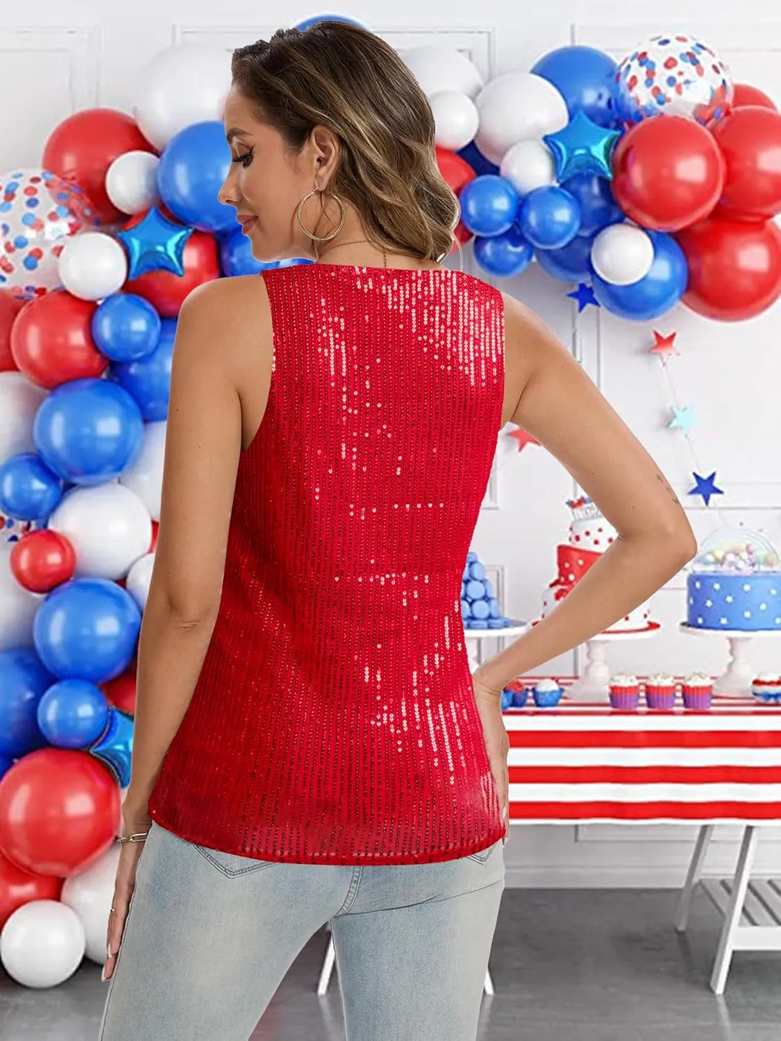MNLYBABY USA Sequin Tank Top Woman 4th of July Shirts American Flag Sleeveless USA Stars Full Sequin Patriotic V Neck Vest
