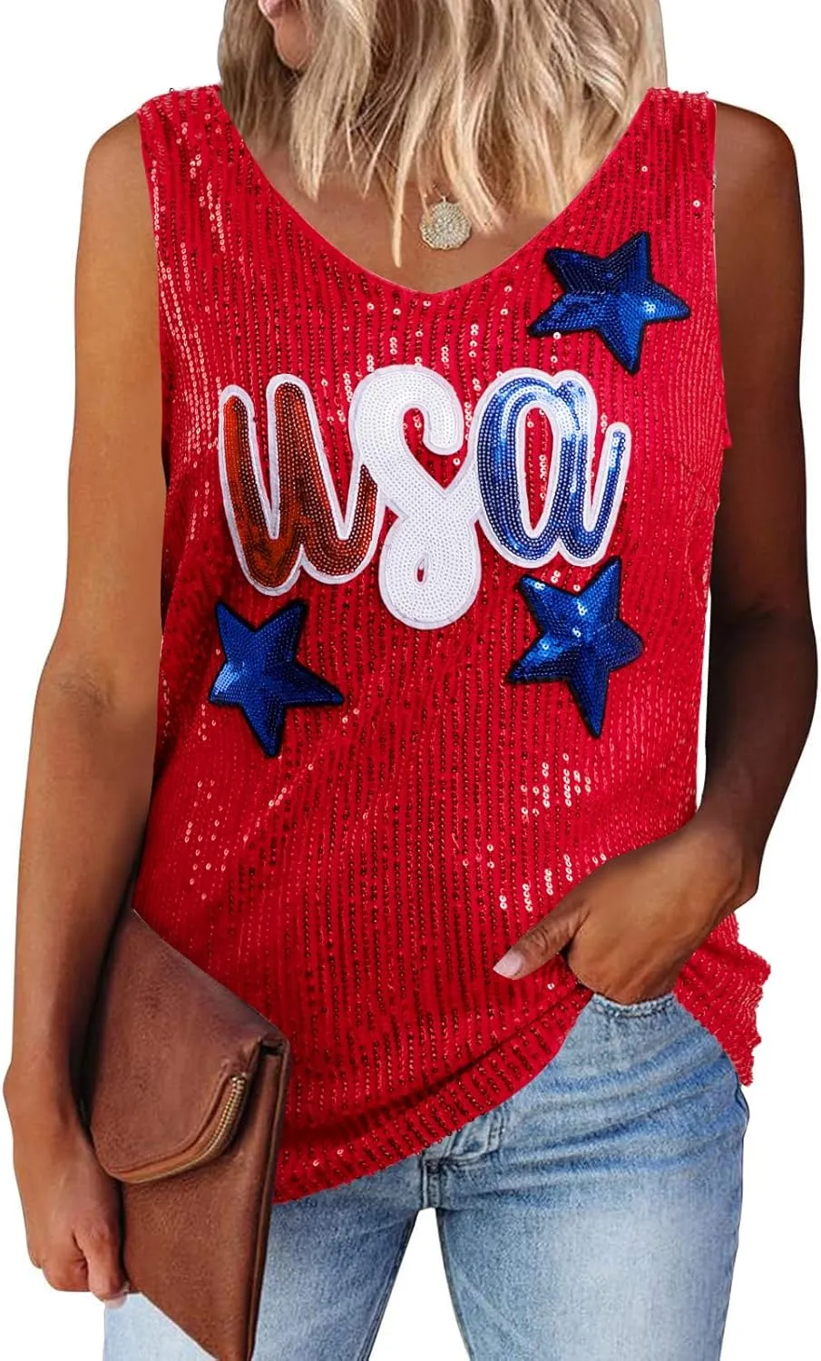 MNLYBABY USA Sequin Tank Top Woman 4th of July Shirts American Flag Sleeveless USA Stars Full Sequin Patriotic V Neck Vest