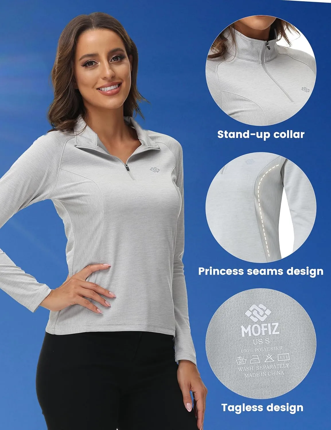 MoFiz Women's Long Sleeve Golf Polo Shirt 1/4 Zip UPF 50  Sun Protection Quick Dry Workout Hiking Athletic Shirts