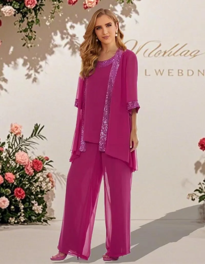 Mother of Bride Pant Suits 3Pcs Chiffon Sequins Wedding Pant Suits for Women Dressy Wedding with Jacket
