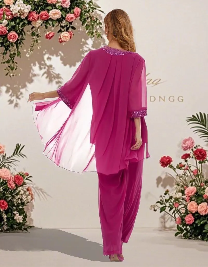 Mother of Bride Pant Suits 3Pcs Chiffon Sequins Wedding Pant Suits for Women Dressy Wedding with Jacket