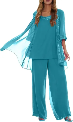 Mother of Bride Pant Suits 3Pcs Chiffon Sequins Wedding Pant Suits for Women Dressy Wedding with Jacket