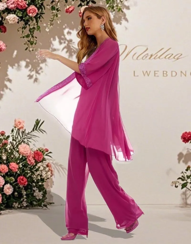 Mother of Bride Pant Suits 3Pcs Chiffon Sequins Wedding Pant Suits for Women Dressy Wedding with Jacket