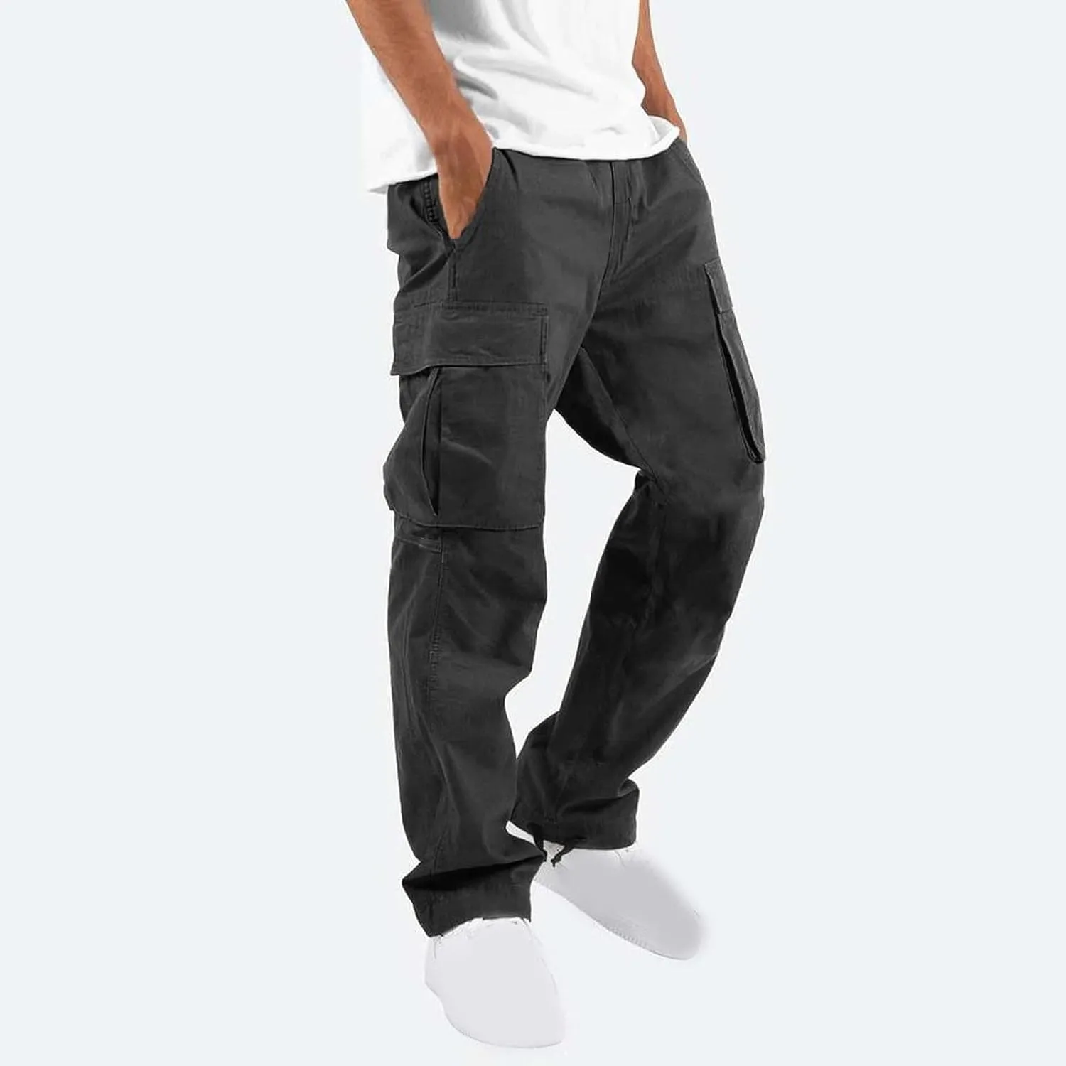 Muscularfit Cargo Pants for Men Big and Tall Elastic Waist Cotton Sweatpants Causal Solid Multi Pockets Joggers Athletic Pant