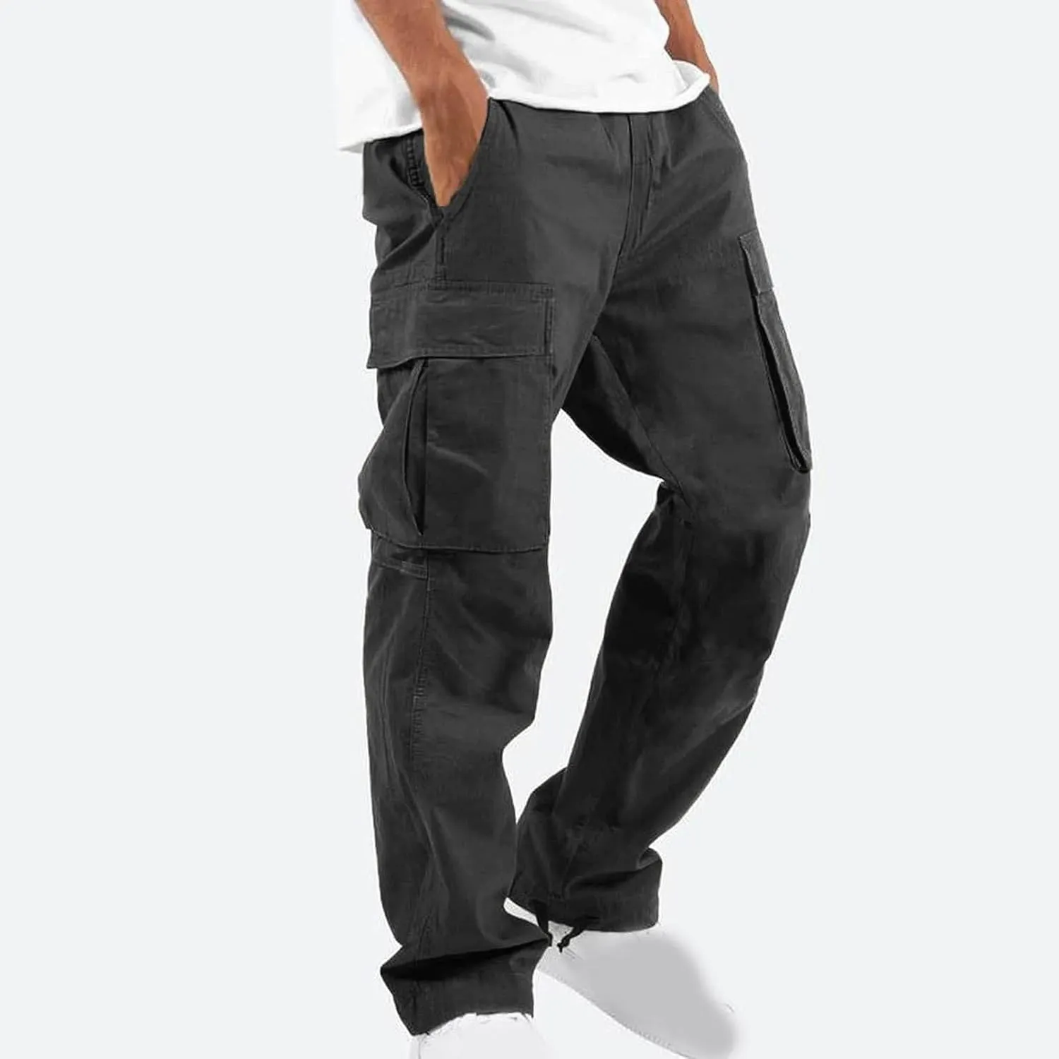 Muscularfit Cargo Pants for Men Big and Tall Elastic Waist Cotton Sweatpants Causal Solid Multi Pockets Joggers Athletic Pant