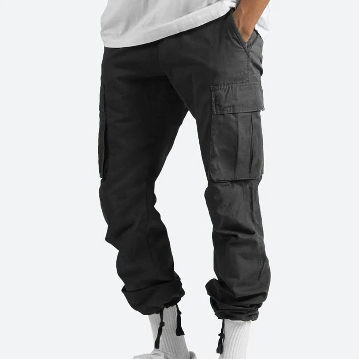 Muscularfit Cargo Pants for Men Big and Tall Elastic Waist Cotton Sweatpants Causal Solid Multi Pockets Joggers Athletic Pant