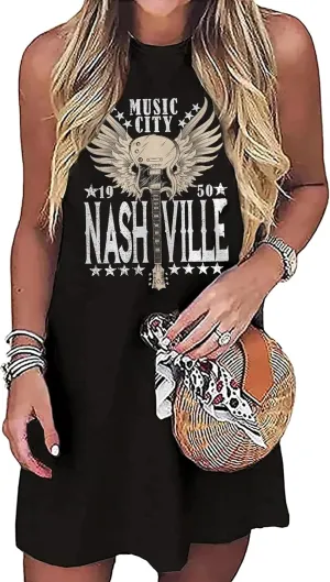 Nashville Music City Mini Dress Women Country Music Rock Band Sleeveless Dress Vintage Guitar Wings Graphic T Shirts Dress