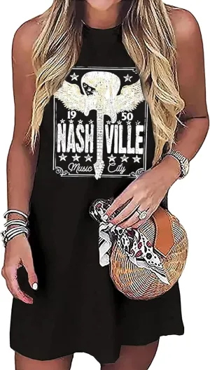 Nashville Music City Mini Dress Women Country Music Rock Band Sleeveless Dress Vintage Guitar Wings Graphic T Shirts Dress