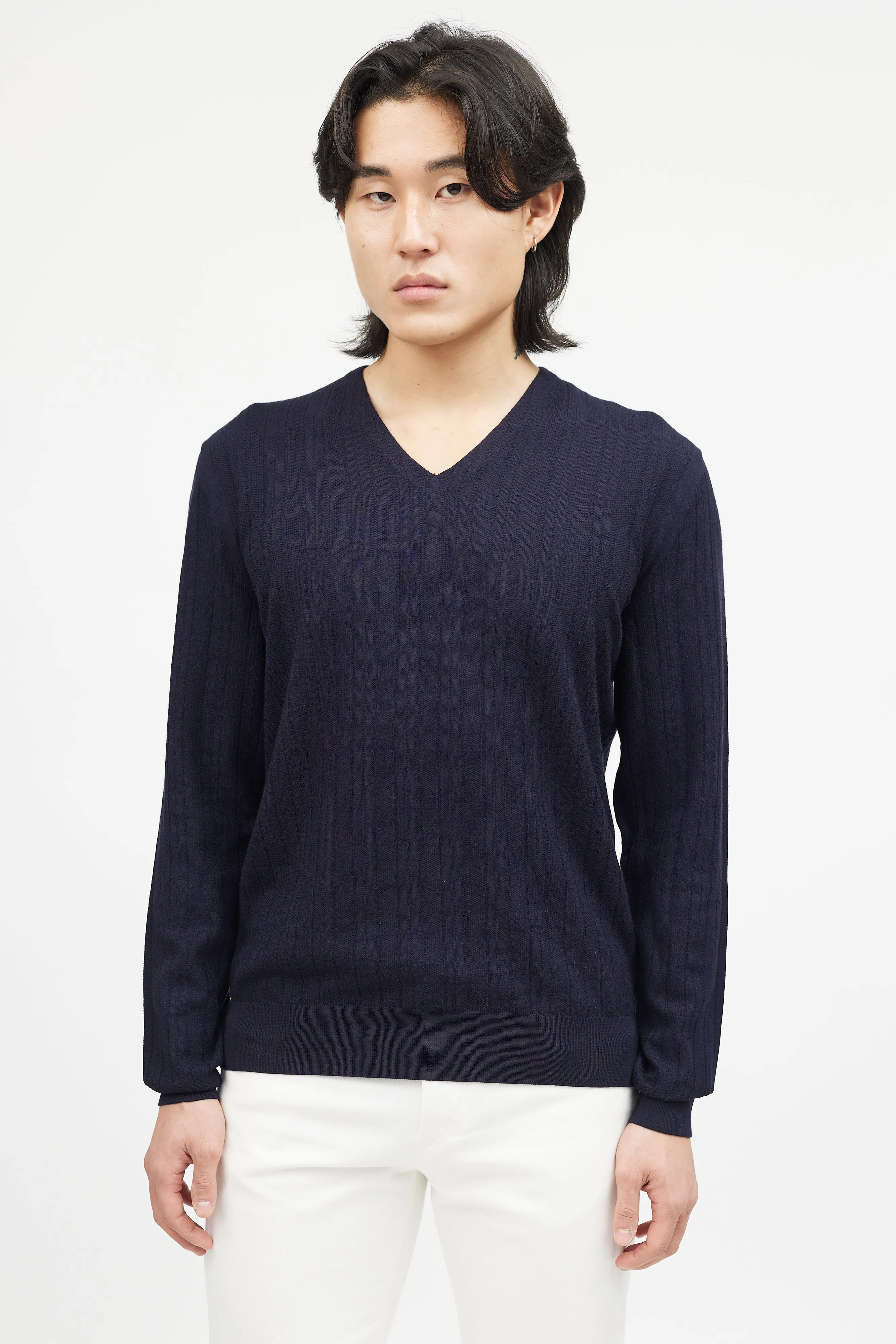 Navy Wool Ribbed Knit Sweater
