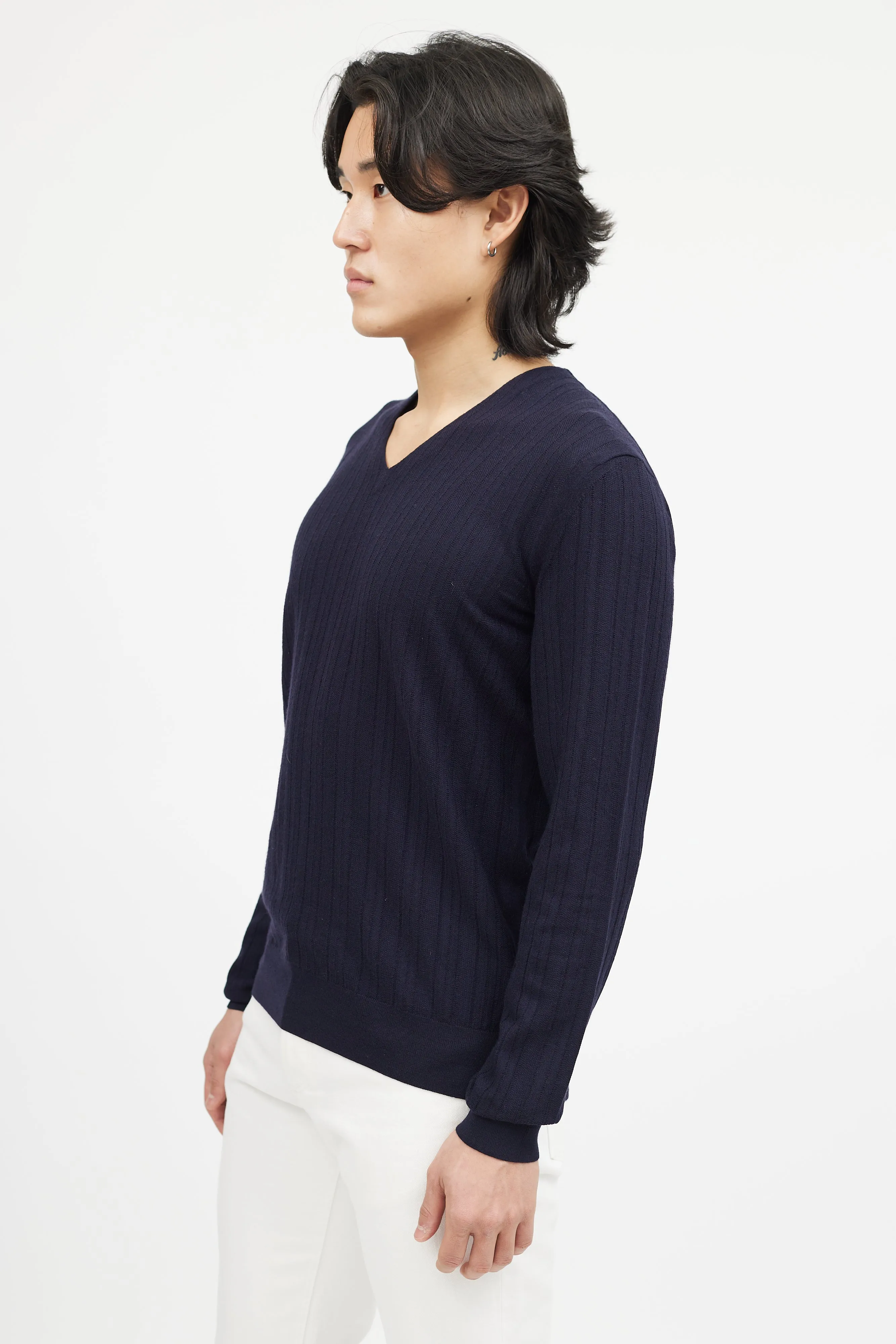 Navy Wool Ribbed Knit Sweater