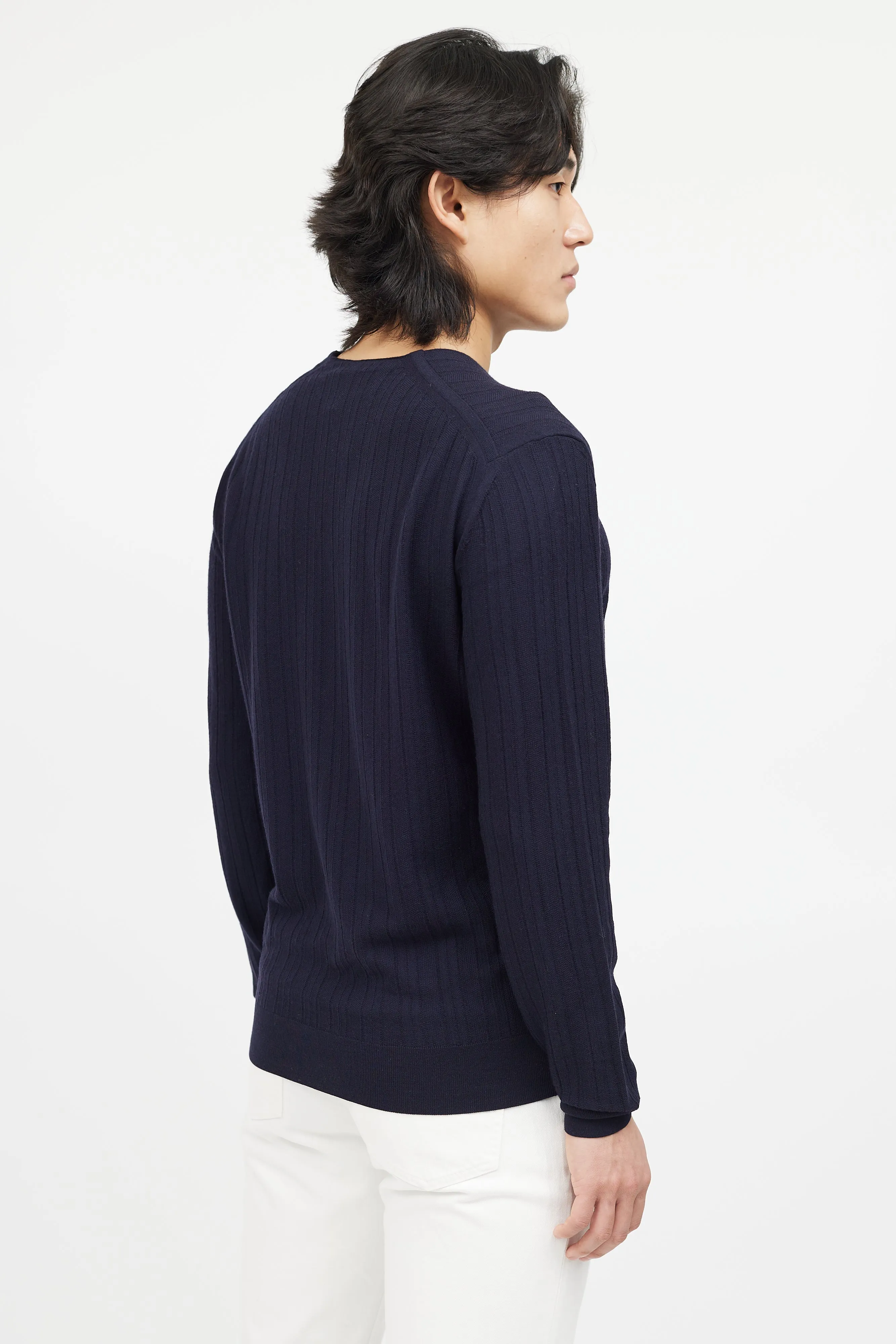 Navy Wool Ribbed Knit Sweater