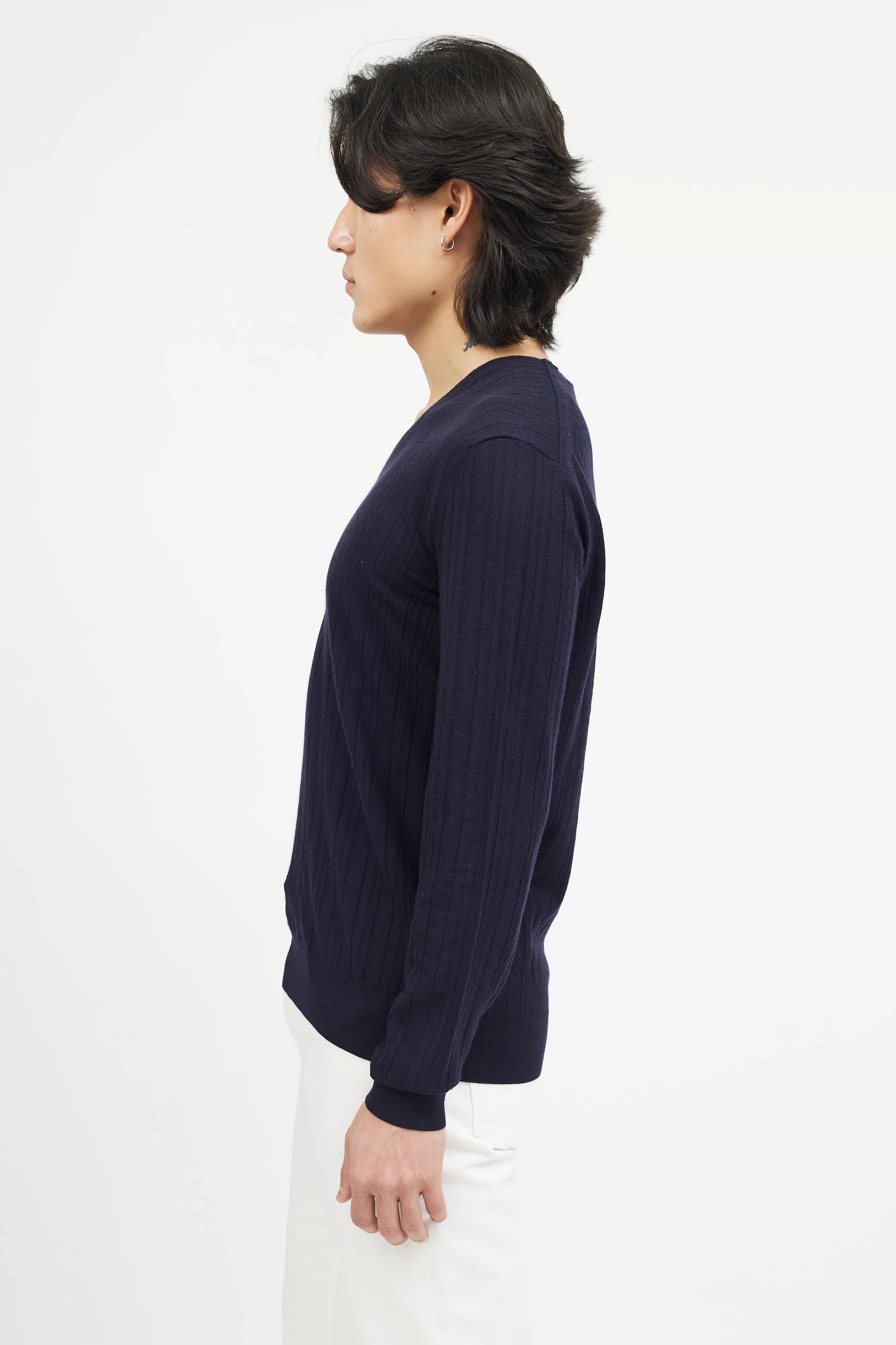 Navy Wool Ribbed Knit Sweater