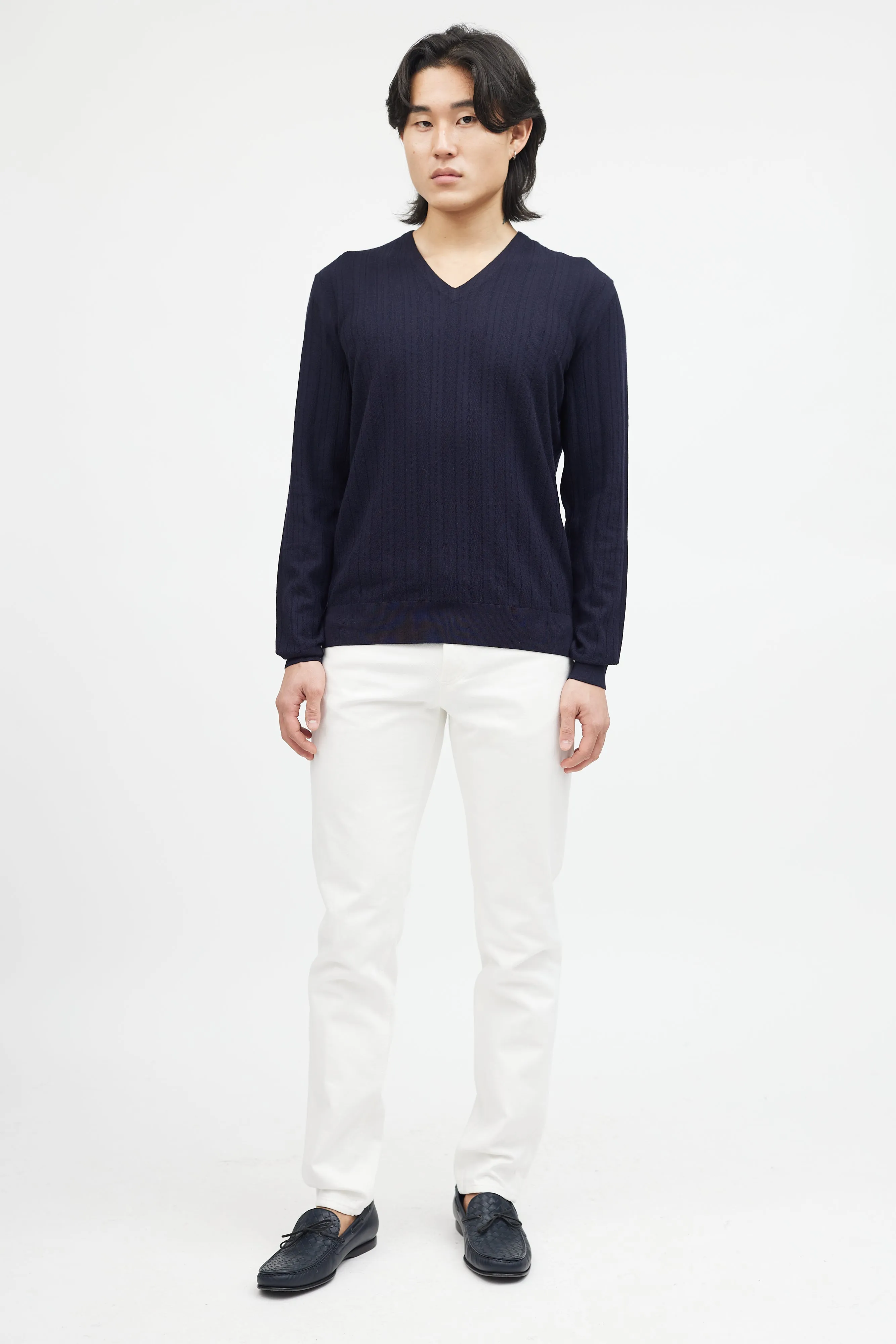 Navy Wool Ribbed Knit Sweater