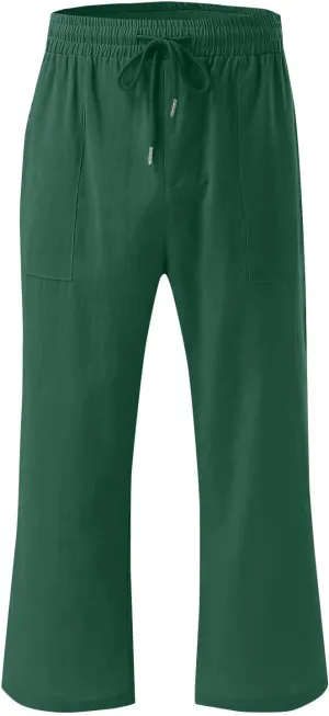 NBXNZWF Capri Pants for Women Cotton Linen 2025 Summer Casual Straight Wide Leg Cropped Pants Elastic High Waist Trousers