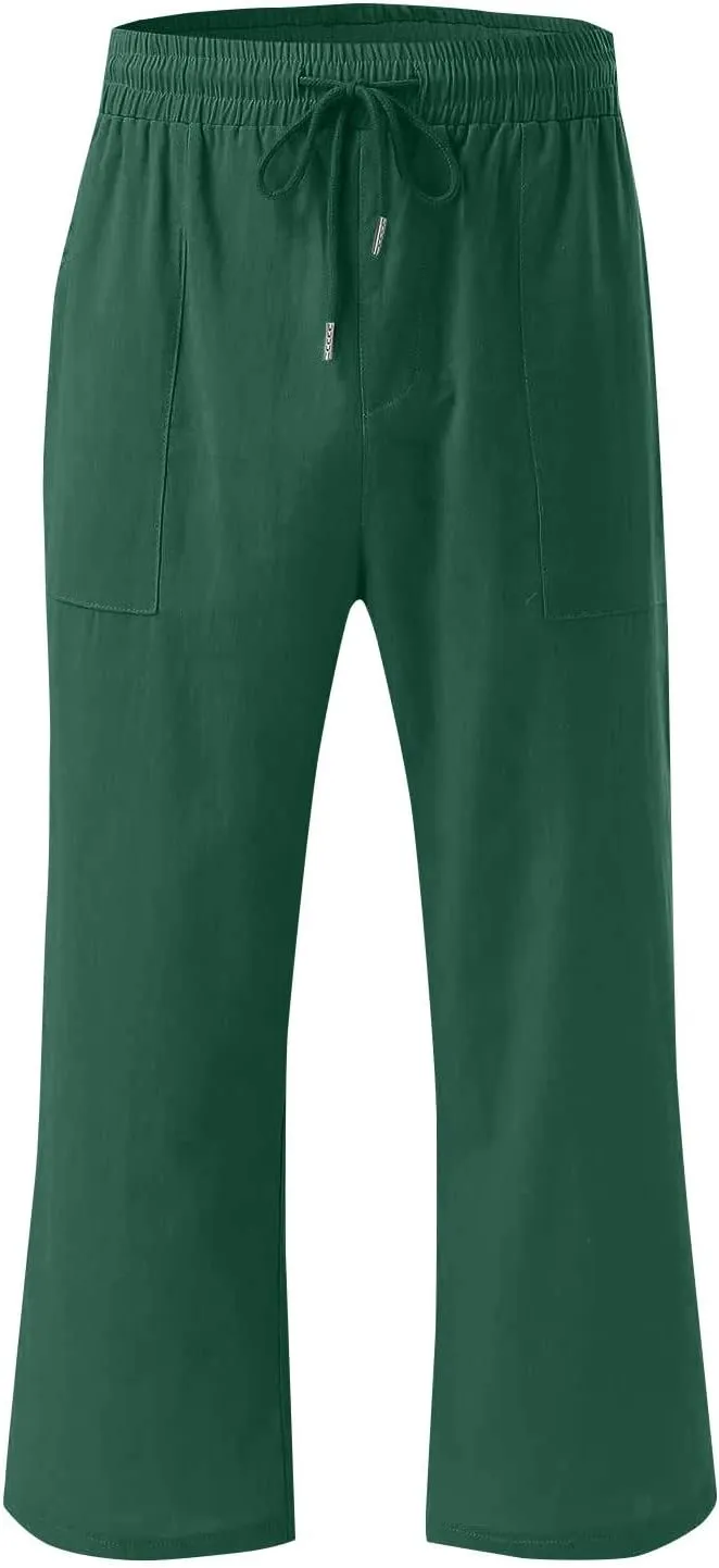 NBXNZWF Capri Pants for Women Cotton Linen 2025 Summer Casual Straight Wide Leg Cropped Pants Elastic High Waist Trousers