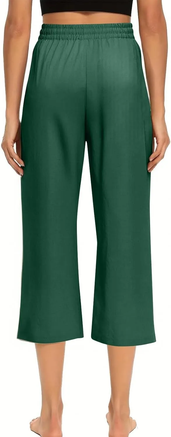 NBXNZWF Capri Pants for Women Cotton Linen 2025 Summer Casual Straight Wide Leg Cropped Pants Elastic High Waist Trousers