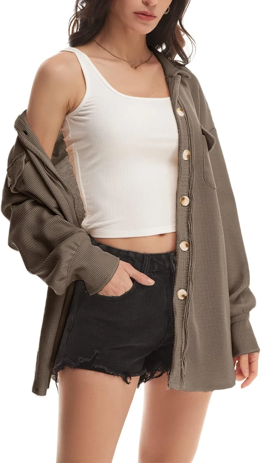 Nirovien Womens Waffle Knit Shacket Oversized Button Down Shirt Jacket Lightweight Spring Outfits Clothes