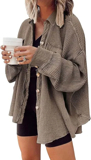 Nirovien Womens Waffle Knit Shacket Oversized Button Down Shirt Jacket Lightweight Spring Outfits Clothes