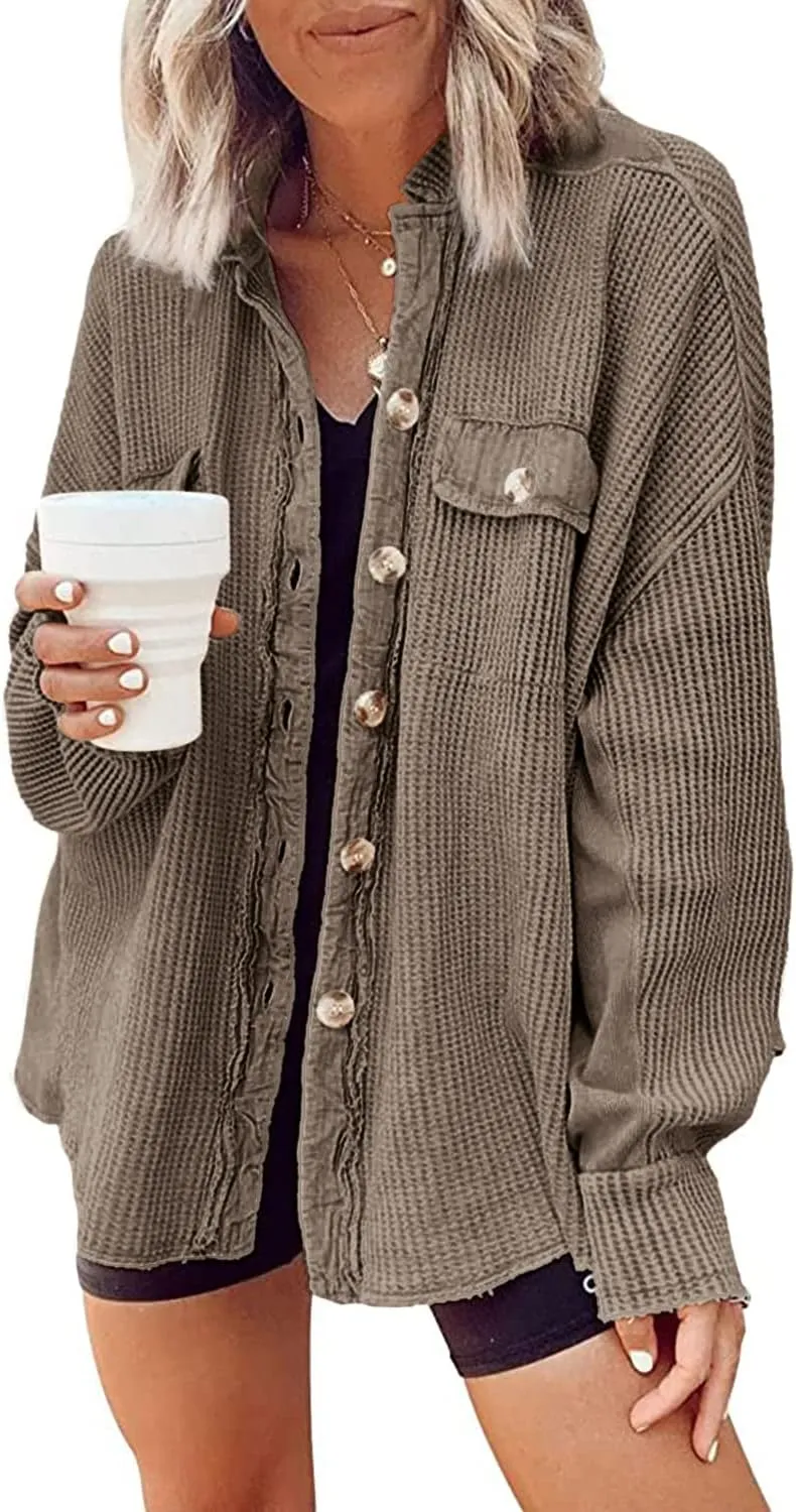 Nirovien Womens Waffle Knit Shacket Oversized Button Down Shirt Jacket Lightweight Spring Outfits Clothes