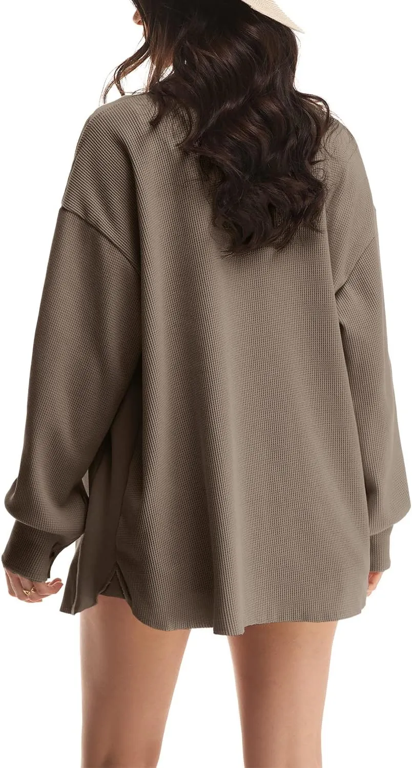 Nirovien Womens Waffle Knit Shacket Oversized Button Down Shirt Jacket Lightweight Spring Outfits Clothes
