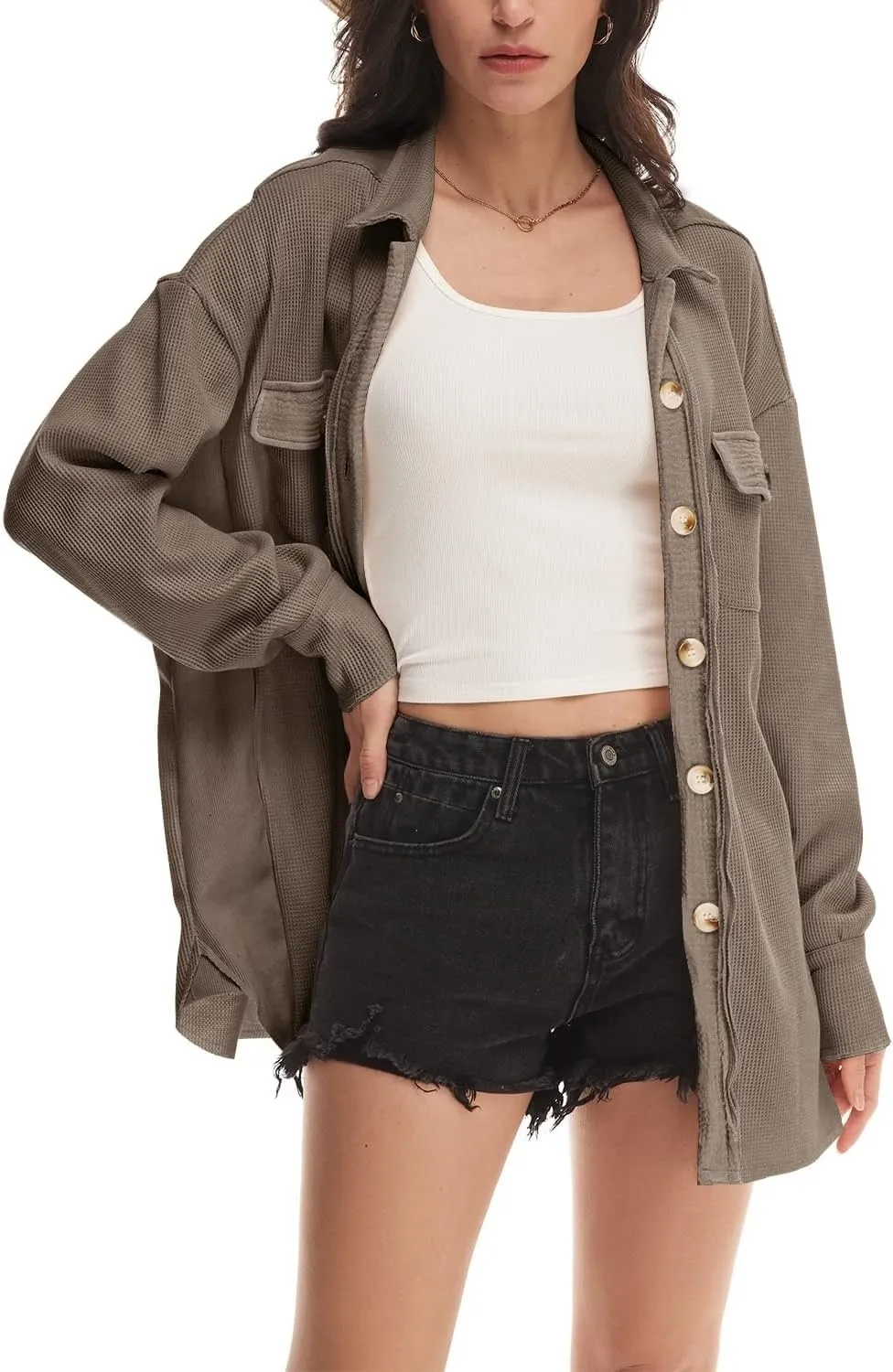 Nirovien Womens Waffle Knit Shacket Oversized Button Down Shirt Jacket Lightweight Spring Outfits Clothes