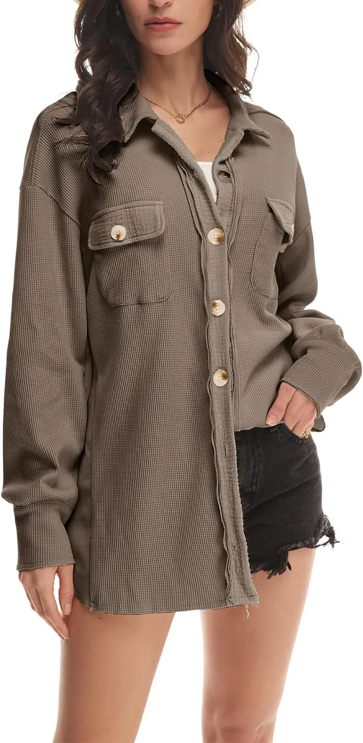 Nirovien Womens Waffle Knit Shacket Oversized Button Down Shirt Jacket Lightweight Spring Outfits Clothes