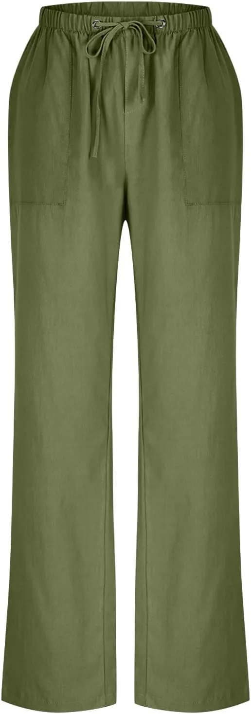 Oplxuo Wide Leg Linen Pants for Women Summer Flowy Palazzo Pants Casual Loose Drawstring High Waist Trousers with Pockets