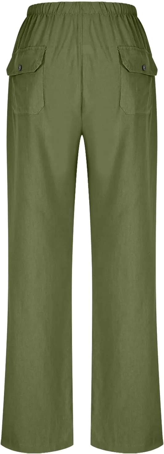 Oplxuo Wide Leg Linen Pants for Women Summer Flowy Palazzo Pants Casual Loose Drawstring High Waist Trousers with Pockets