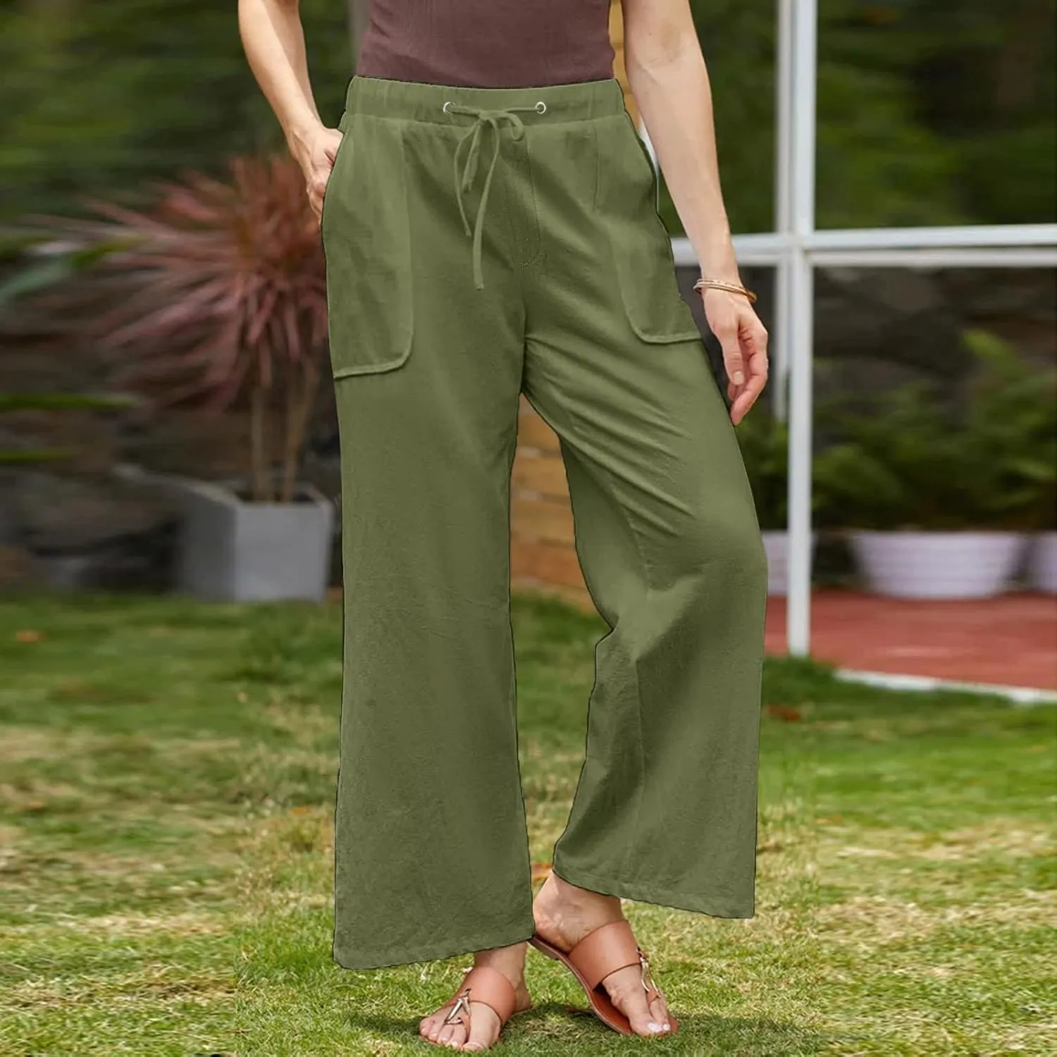 Oplxuo Wide Leg Linen Pants for Women Summer Flowy Palazzo Pants Casual Loose Drawstring High Waist Trousers with Pockets