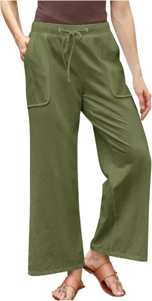 Oplxuo Wide Leg Linen Pants for Women Summer Flowy Palazzo Pants Casual Loose Drawstring High Waist Trousers with Pockets