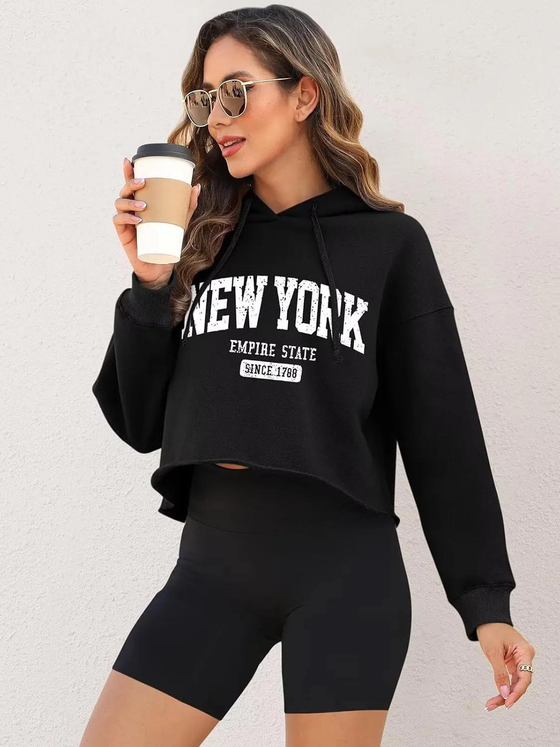 ORANDESIGNE Woman Letter Graphic Print Cropped Hoodie Long Sleeve Crop Fleece Casual Workout Loose Pullover Sweatshirt Tops