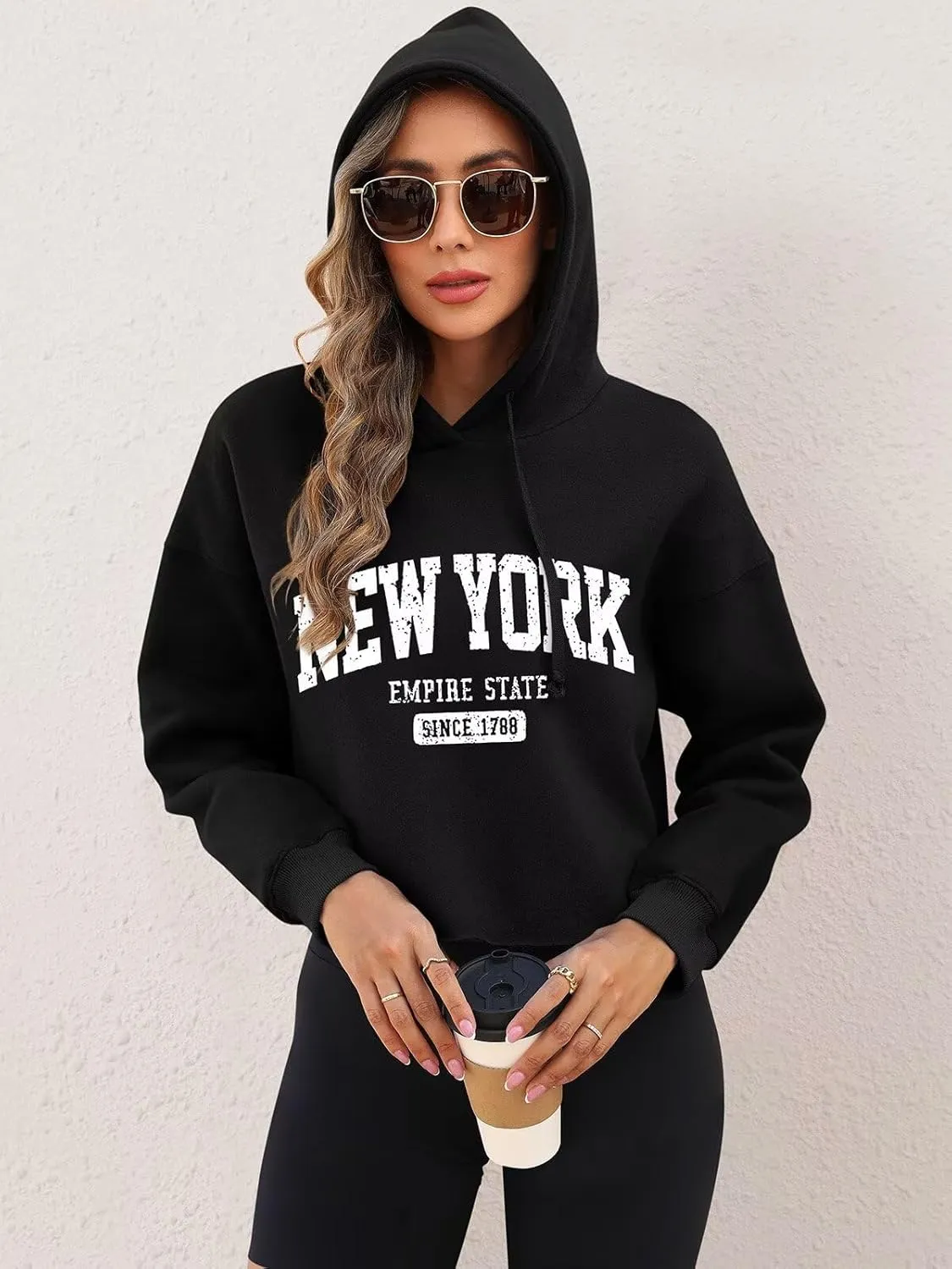 ORANDESIGNE Woman Letter Graphic Print Cropped Hoodie Long Sleeve Crop Fleece Casual Workout Loose Pullover Sweatshirt Tops