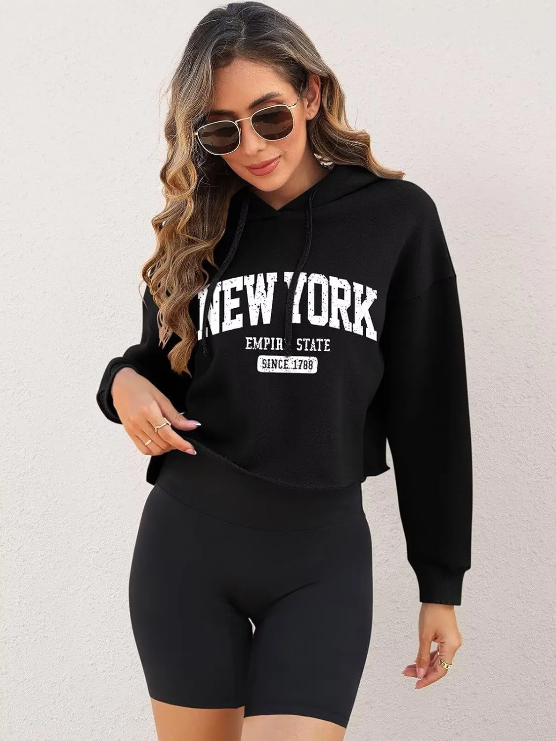 ORANDESIGNE Woman Letter Graphic Print Cropped Hoodie Long Sleeve Crop Fleece Casual Workout Loose Pullover Sweatshirt Tops