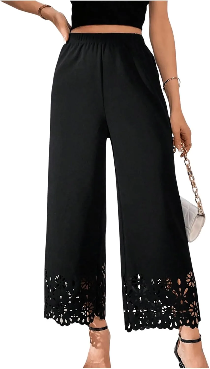 OYOANGLE Women's Wide Leg Pants Cut Out Scallop Trim High Elastic Waisted Pants Casual Office Long Pants